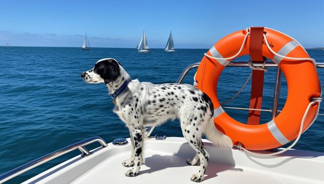 Dog's Seaside Adventure: A charming dog stands proudly on a boat, gazing out at the vast ocean with a lifebuoy as a safety measure. The scene is bright and lively.