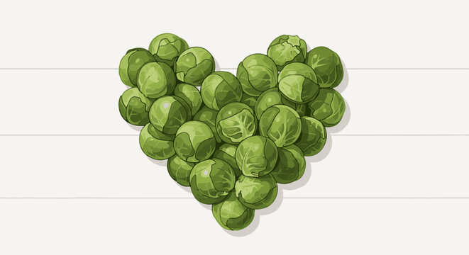 A heart shape formed from fresh green brussels sprouts on a white background