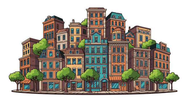 A lively pixel art cityscape filled with charming, colorful buildings and green trees