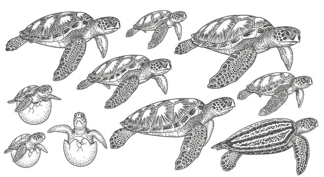 Set of Hand Drawn Sea Turtles and Hatchlings