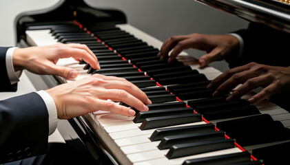 Fototapeta premium Keys of Harmony: Captivating close-up shot of two pairs of hands playing a piano, each pair with a different skin tone, evoking feelings of artistic expression.