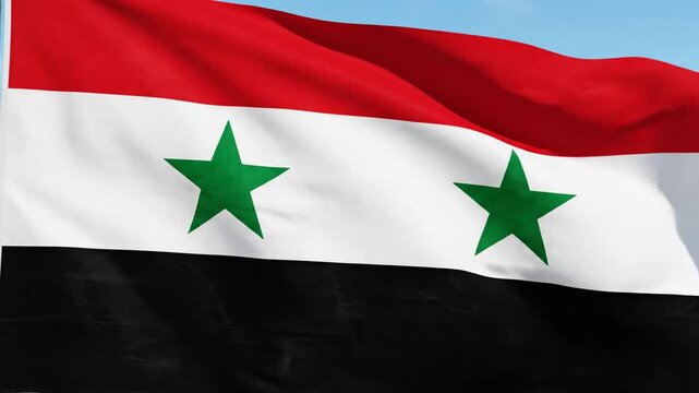Cinematic Closeup Waving Syrian National Flag Featuring Green White and Black Stripe Pattern with Three Red Star Detail Fluttering in Wind Backdrop High Resolution 4K Motion Video Background
