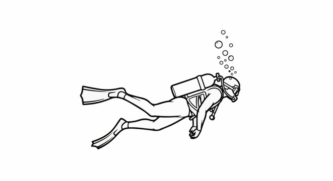 A person in scuba gear swims underwater, with bubbles rising