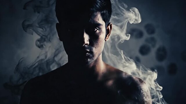 A mans transformation into a fungal zombie depicting a terrifying infection and decay process.