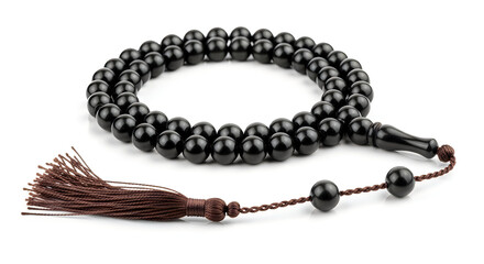Fototapeta premium Islamic prayer beads (tasbih) made of black stones with a tassel, isolated on transparent background
