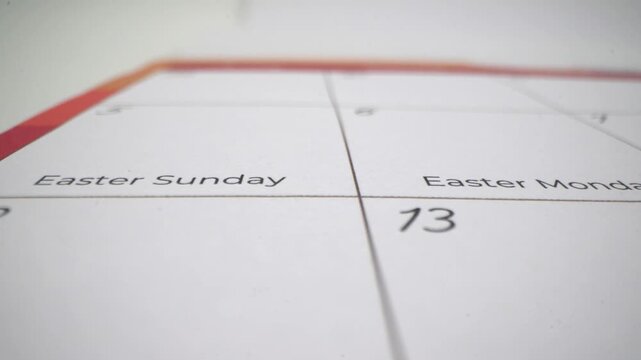Close up of calendar showing Easter Sunday and Easter Monday.