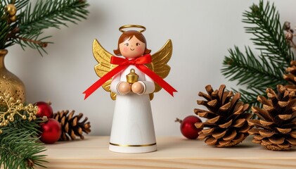 Obraz premium Golden Winged Angel: A charming angel figurine, adorned with golden wings and a halo, is surrounded by festive greenery and pine cones, bringing holiday cheer to a warm and inviting space.