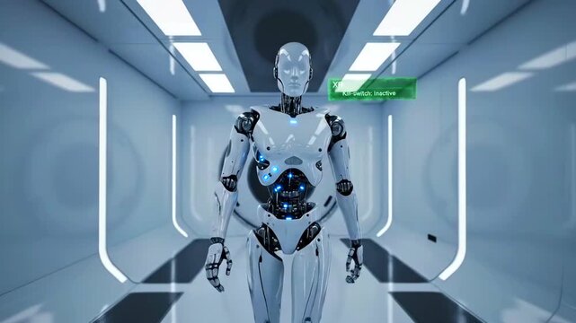 white humanoid robot stands in sterile corridor under activation check, blue status lights and exposed actuators visible, prototype inspection and robotics testing atmosphere with clinical