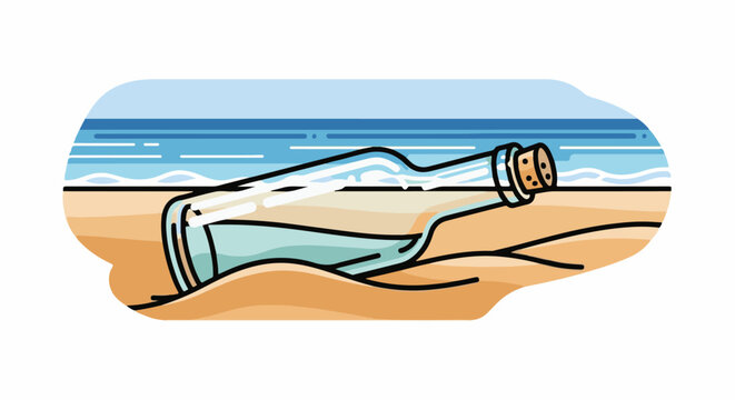 A message in a bottle lies partially buried in sand on a beach