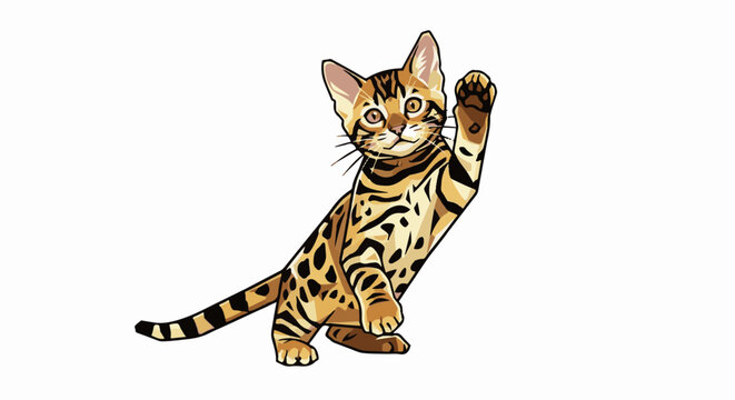 A cartoon cat with leopard-like spots waves its paw in greeting