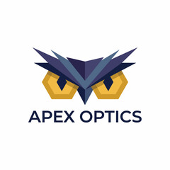 Obraz premium A modern logo for Apex Optics capturing a stylized owl that symbolizes wisdom and vision, incorporating geometric shapes and vibrant colors for impact.