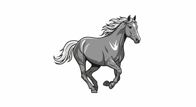 A grayscale illustration of a horse in mid-gallop, with its mane and tail flowing