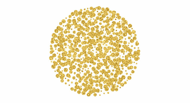 A circular arrangement of numerous small golden metallic dots on a white background