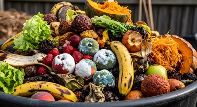 A large black bin overflowing with rotting fruit and vegetable scraps in a backyard setting.