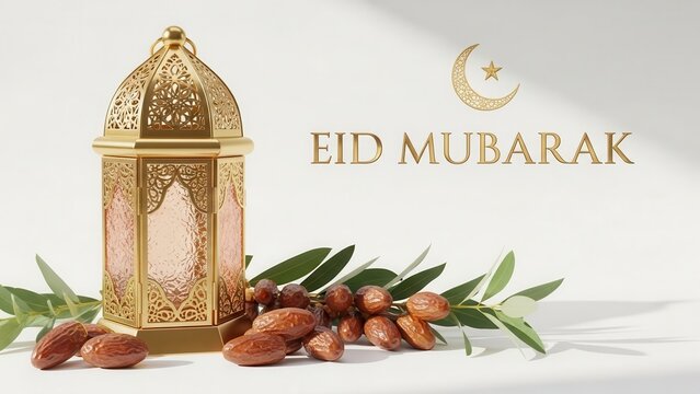 Celebrating eid mubarak with traditional lantern and dates