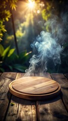 Obraz premium A photo of an empty circular wooden cutting board with smoke floating upwards against a dark background