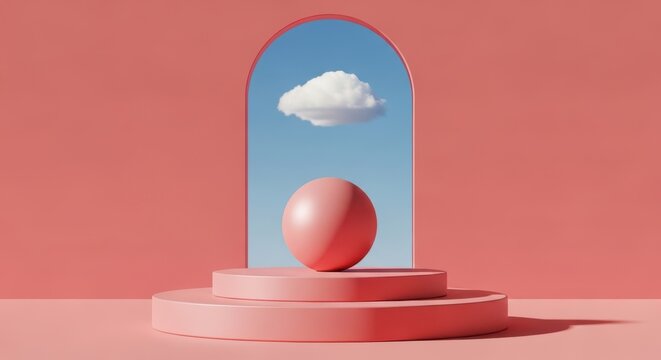 Minimalist 3d render of a pink sphere on a tiered podium in front of an arched doorway with a blue sky and a single cloud background