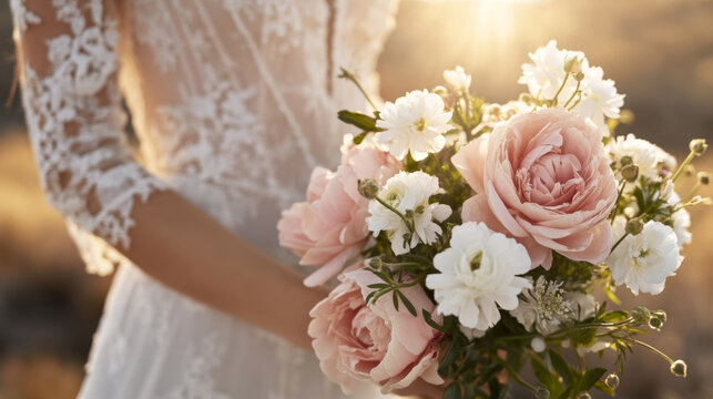 Beautiful bride in white lace wedding dress holding a luxury floral bouquet of pink roses and white flowers outdoors in golden sunlight at sunset