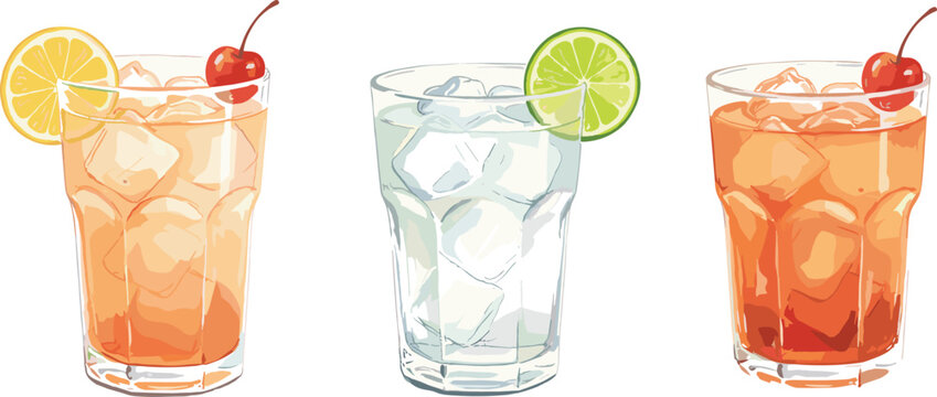 Refreshing collection of colorful drinks in glasses with ice cubes, lemon, lime, and cherry garnishes for summer beverage illustration