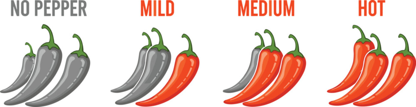 Vector illustration of chili peppers representing mild medium and hot spice levels isolated on transparent background graphic design.