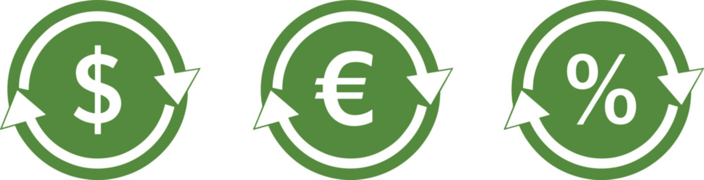 Green circular arrows with currency symbols dollar euro and percent showing exchange rates or conversion isolated on transparent.