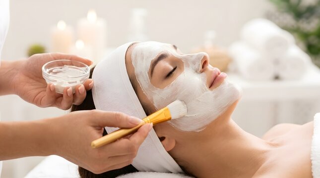 Young Woman Getting White Facial Mask Treatment in Luxury Spa