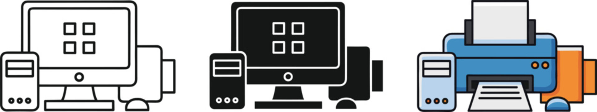 Set of computer and printer icons in outline silhouette and color vector graphics.