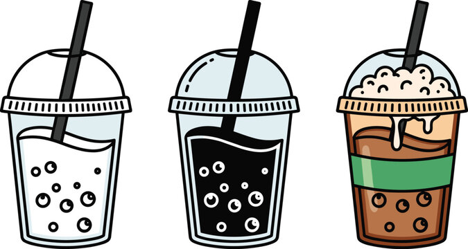 Collection of three iced bubble tea drinks in cups with straws and toppings isolated vector.