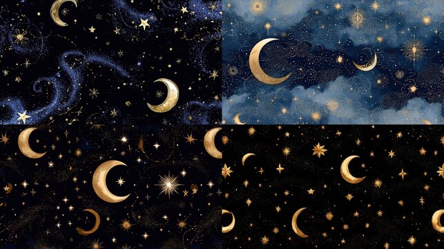 Seamless celestial moon and star pattern in night sky