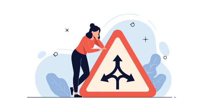 Thoughtful woman leaning on red triangular road sign with three directional arrows for difficult decision making.