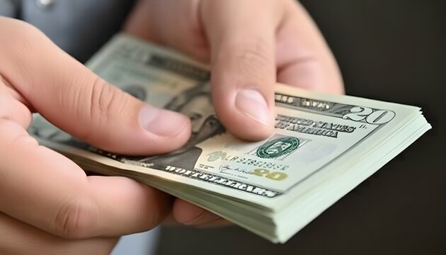 A person holding a stack of twenty dollar bills in their hands.