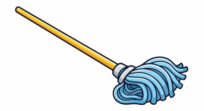 A cartoon of a mop with a yellow handle and blue strands