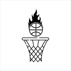 A minimalist line icon featuring a basketball burning in flames just above the ring, symbolizing the passion and speed of the sport. © ahmad
