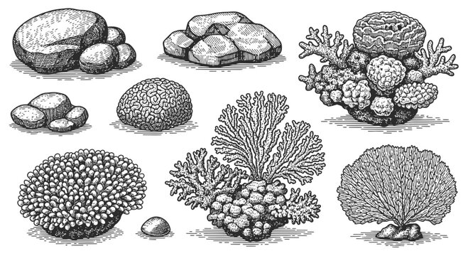 Hand Drawn Set of Underwater Corals and Stones