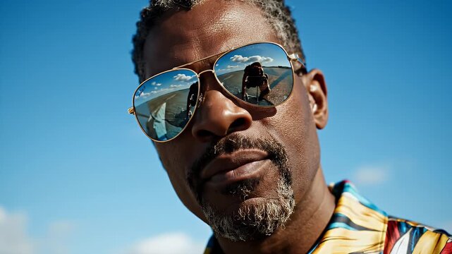 Confident African American man in aviator sunglasses and summer shirt