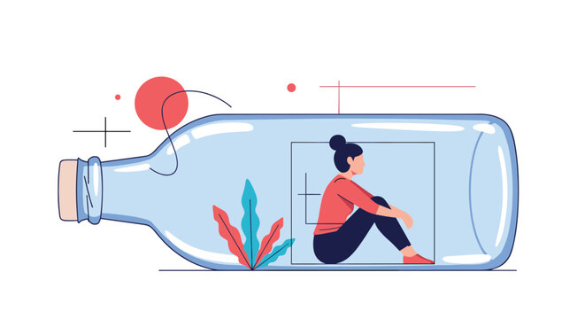 Loneliness and isolation concept showing a sad woman sitting inside a small box trapped within a glass bottle.