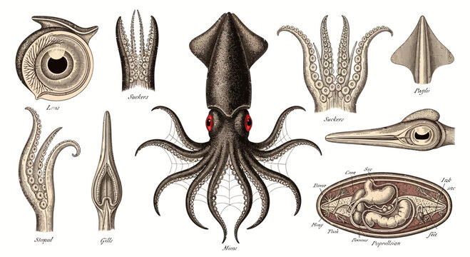 Vintage Squid Anatomy Scientific Illustration