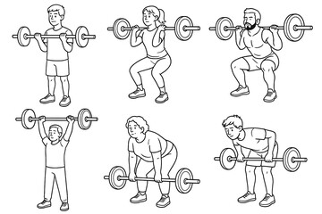 Naklejka premium set of fitness icons man woman exercise weight lifting
