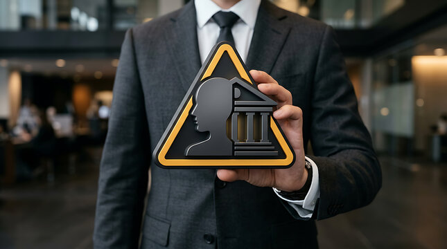 Man in suit holding triangle sign with profile head and building symbol representing identity protection legal and financial institution security safety concept.