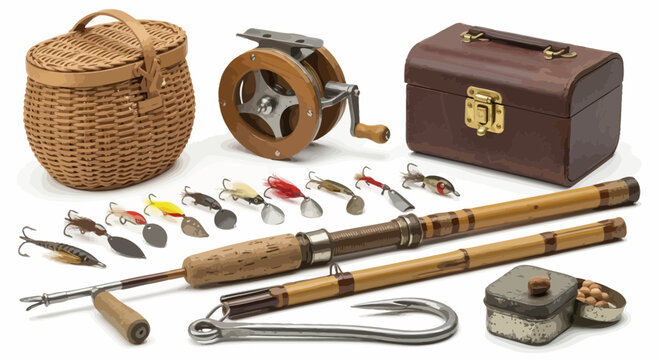 Vintage Fishing Gear Collection with Rod, Reel, and Lures