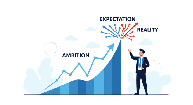 Businessman pointing at a business chart where an ambition path splits into complex paths for expectation and reality.