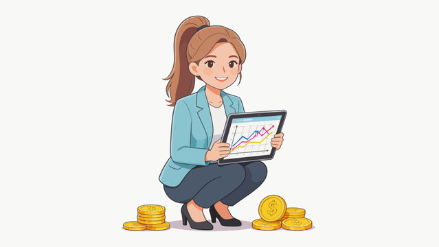 Businesswoman with tablet and coins