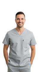Fototapeta premium Smiling professional man wearing light grey medical scrubs standing confidently isolated on transparent background,png