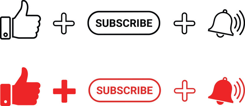 Social media buttons set: like, subscribe, and notification bell in black and red versions.