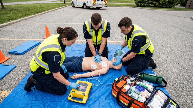 Emergency medical team performs life-saving CPR on a training mannequin during outdoor drill and simulation