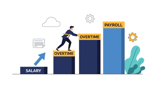 Dedicated employee works hard to increase payroll by pushing overtime blocks up a financial bar chart illustrating salary and income growth.