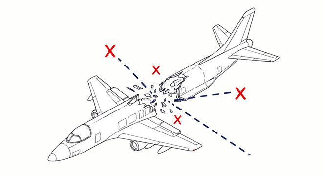 plane crash illustration detailing a mid-air aircraft collision with shattered fuselage emphasizing aviation safety and accident risks.