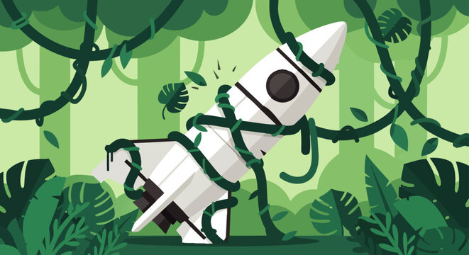 overgrown white rocket tangled by green jungle vines symbolizing a business setback or stalled technology project in nature.