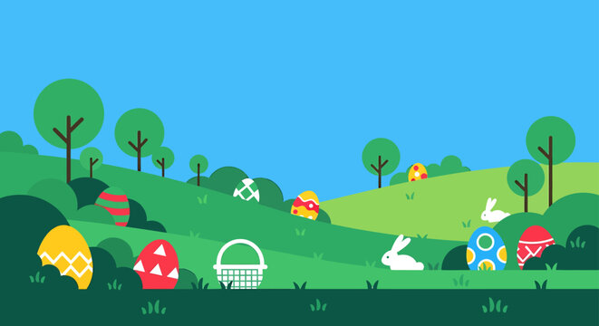 easter egg hunt illustration with colorful easter eggs and cute easter bunnies hidden in a vibrant spring landscape featuring a basket.