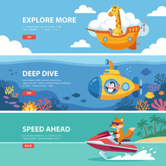 Naklejka premium A colorful and playful illustration depicting a whimsical adventure at sea, featuring charming characters and a journey theme of discovery and joy, perfect for children's content.
